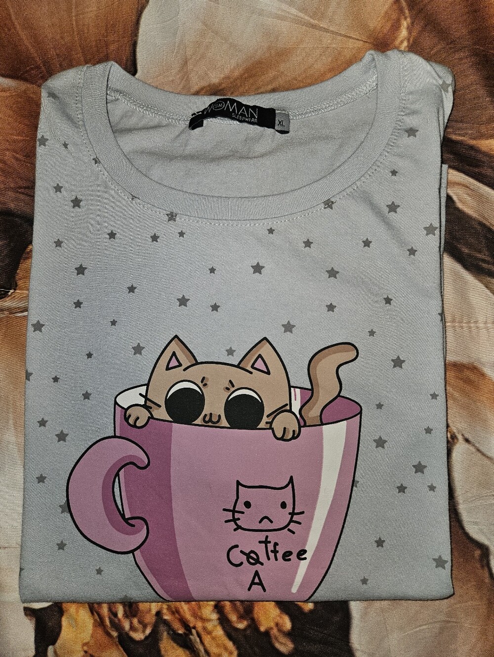 Sleep Top Cat Coffee Blue Gray Stars Cut 😺 In Center